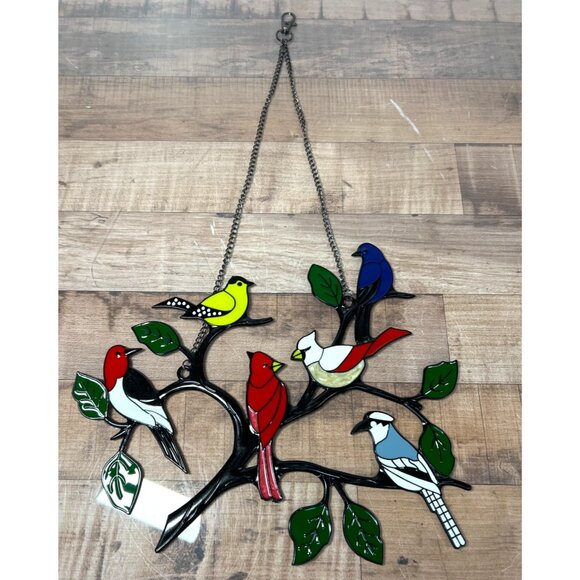 Stained Glass Bird Suncatcher With Chain - Colorful Birds On Branch Design - Picture 1 of 3
